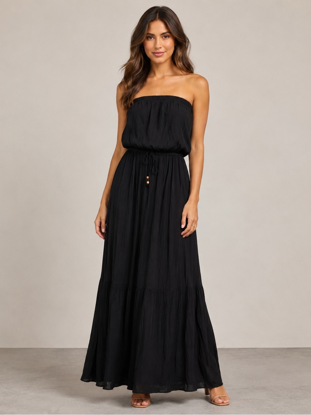 Socialite- Strapless Black Maxi Dress with Drawstring - Picture 1 of 7